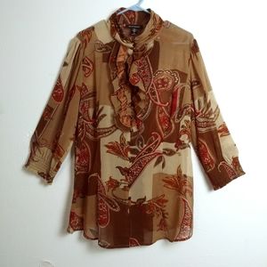 Ashley Stewart Casual Blouse Women's Size 14W Brown Paisley Keyhole Poet Boho
